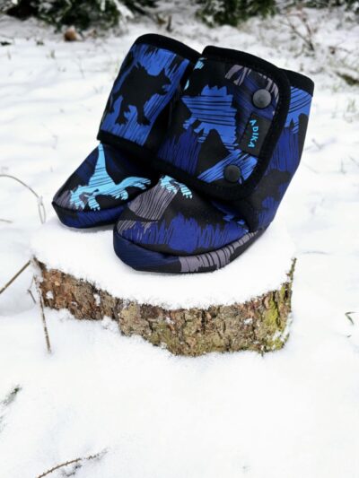 Capačky softshellové - modří dinousauři